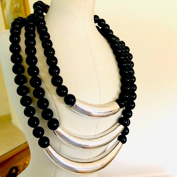 Vintage Designer Alexis Kirk Modernist Black Statement Necklace